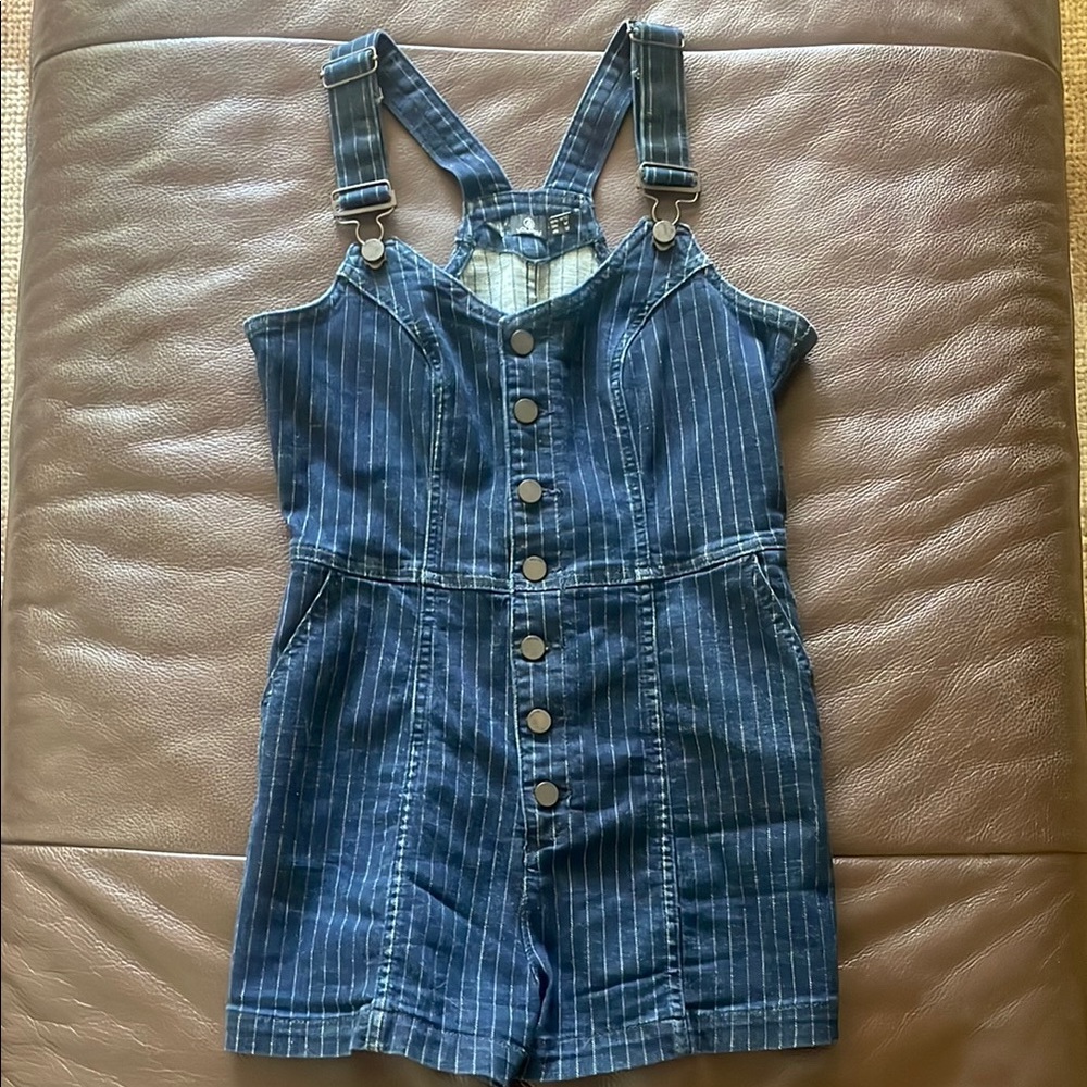 Girls Fitted Denim Blue Striped Overalls shorts
